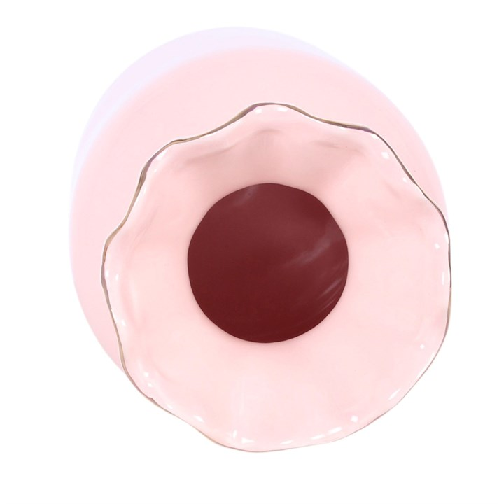 Muted pink fluted flower vase with scalloped edge top. 