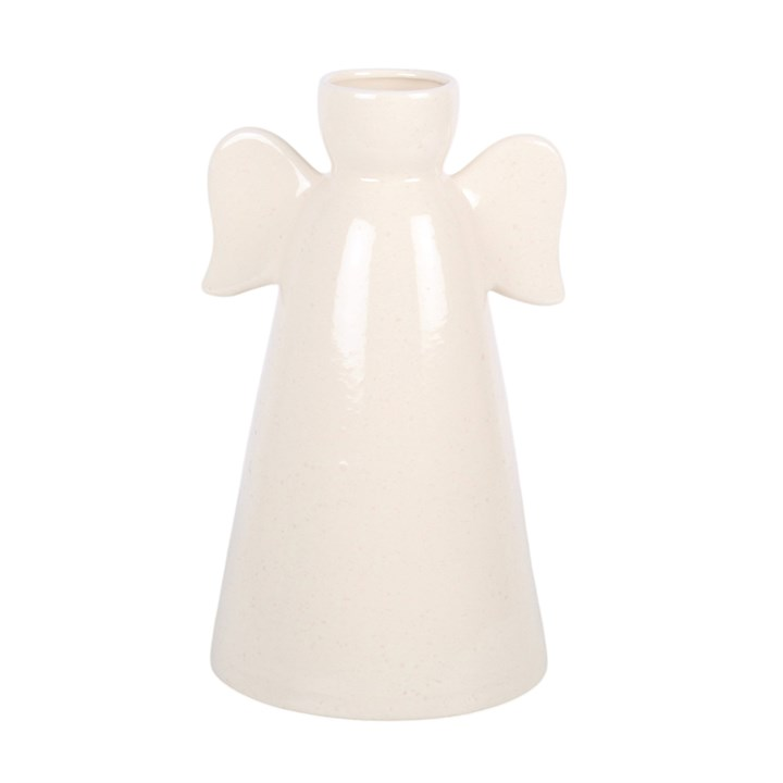 Sentimental ceramic flower vase, shaped like an angel with extended wings and a gold heart embellishment.