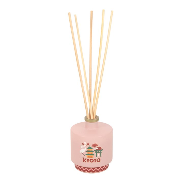 Kyoto bamboo and cherry reed diffuser, presented in a light pink bottle with Japanese city design. Includes reeds. 