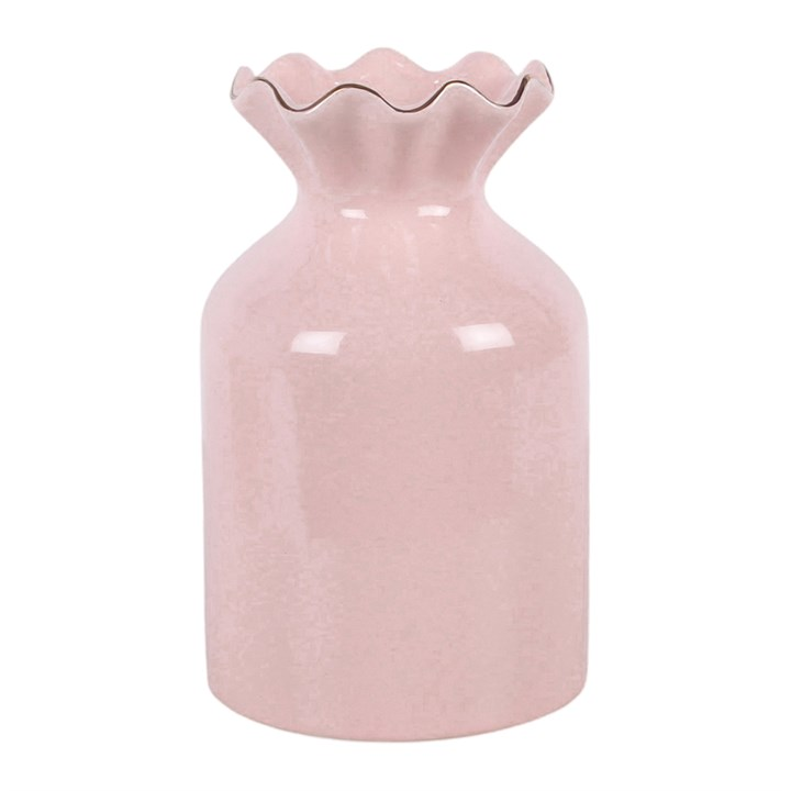 Muted pink fluted flower vase with scalloped edge top. 