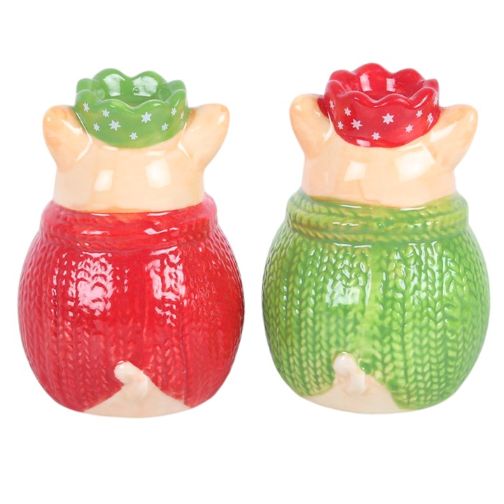 Adorable ceramic salt and pepper shakers designed as pigs wrapped in knitted blankets (Pigs in Blankets)