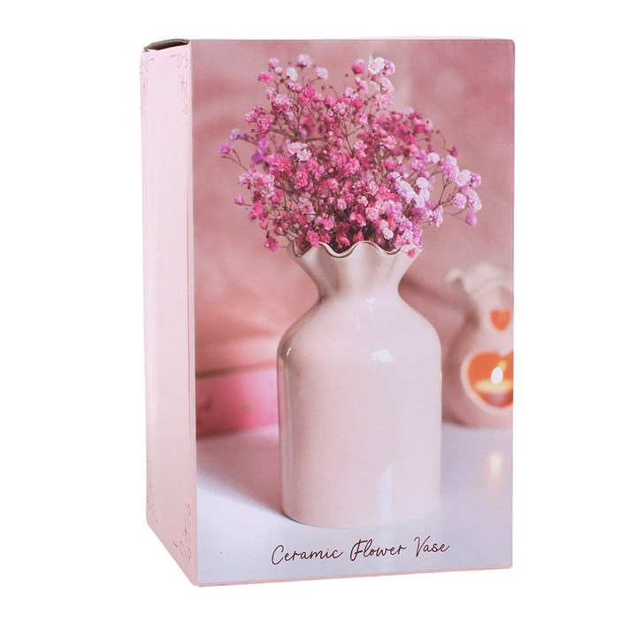 Muted pink fluted flower vase with scalloped edge top. Presented in a themed box.