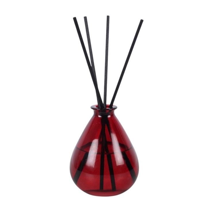 Vampire Blood reed diffuser. A deep red teardrop glass bottle with dark reeds.