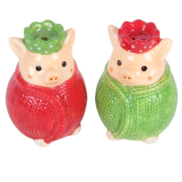 Adorable ceramic salt and pepper shakers designed as pigs wrapped in knitted blankets (Pigs in Blankets)