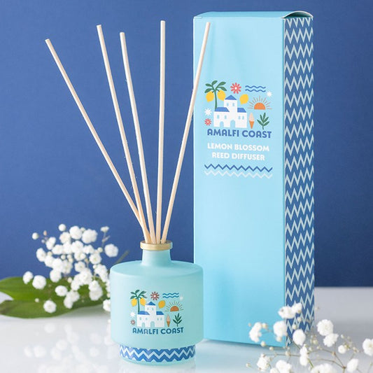Amalfi Coast reed diffuser. Light blue bottle, with Italian architecture design.