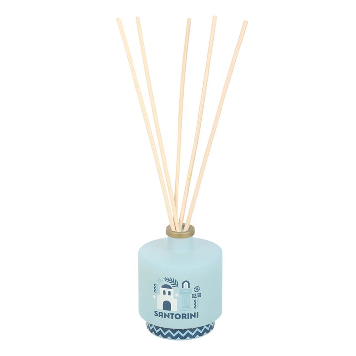 Santorini reed diffuser. Light blue glass bottle with greek architecture-inspired design. Reeds included. 