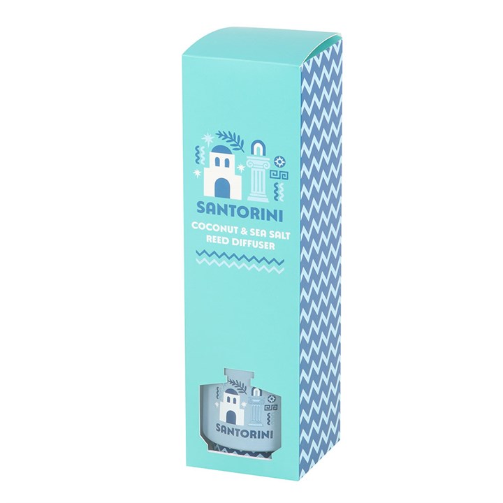 Santorini reed diffuser. Light blue glass bottle with greek architecture-inspired design. Reeds included. 