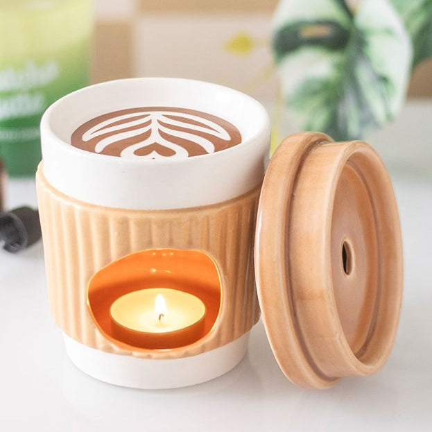 Ceramic wax melter and oil burner shaped like a classic takeaway coffee mug.