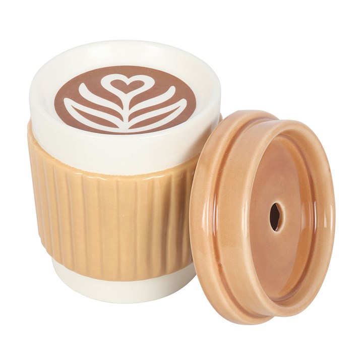Ceramic wax melter and oil burner shaped like a classic takeaway coffee mug.