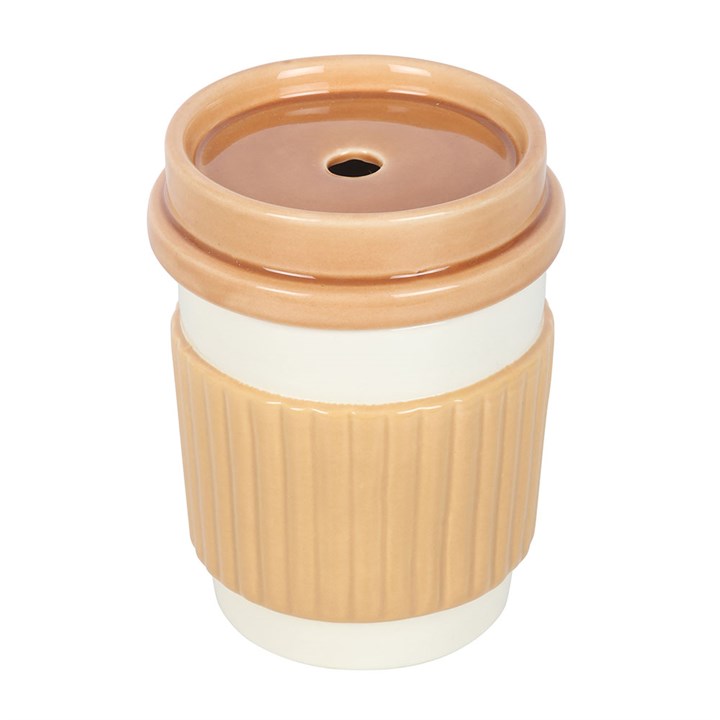 Ceramic wax melter and oil burner shaped like a classic takeaway coffee mug.