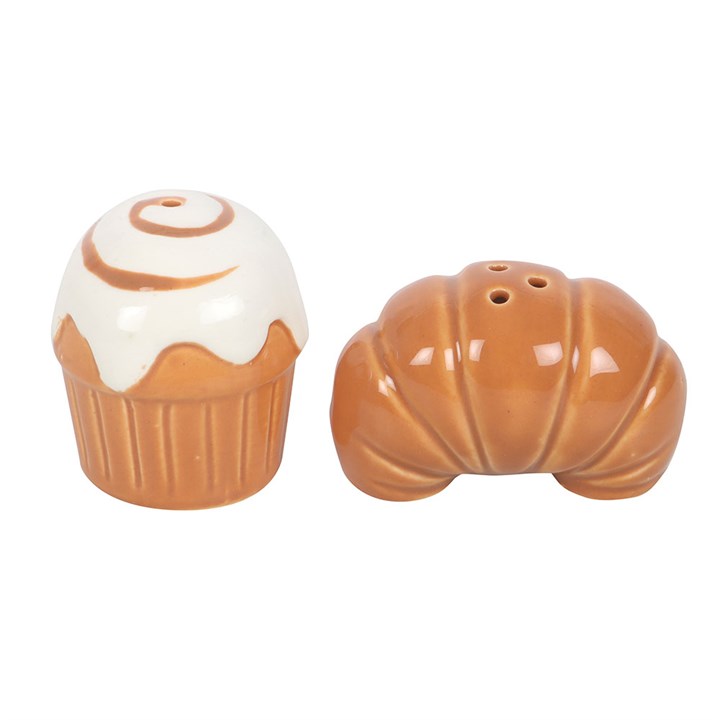 Ceramic croissant and cinnamon roll salt and pepper shaker set.