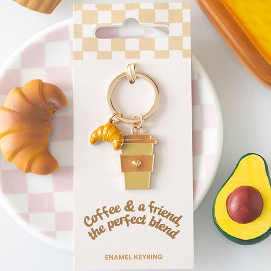 Coffee and croissant enamel keyring.