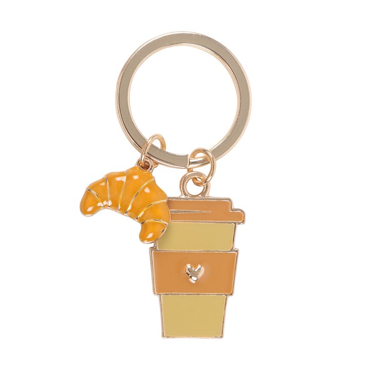 Coffee and croissant enamel keyring.
