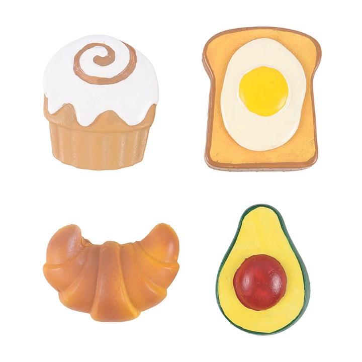 Delightful brunch food-inspired fridge magnets. Croissant, cinnamon roll, avocado & egg on toast.
