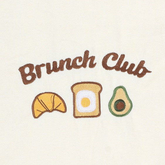 Canvas reusable tote bag with Brunch Club text and croissant, egg on toast and avocado design.