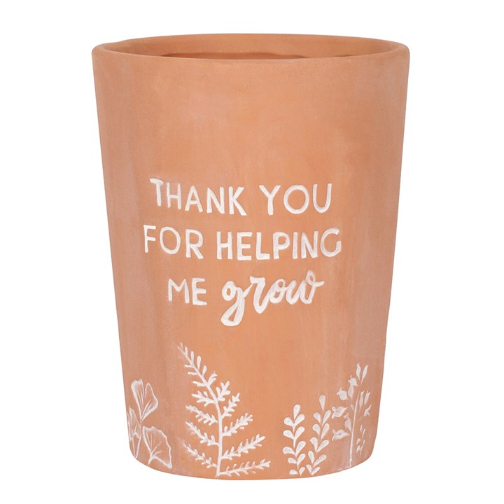 Terracotta plant pot with charming Thank You For Helping Me Grow text and fauna detailing.