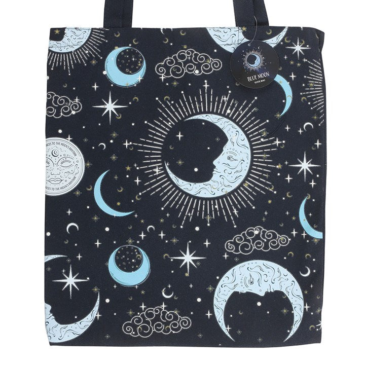Navy polycotton tote bag with celestial night sky print. 