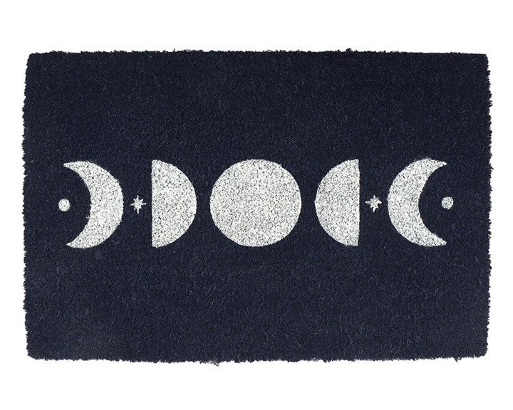 Dark blue decorative door mat with a simplified phases-of-the-moon design.
