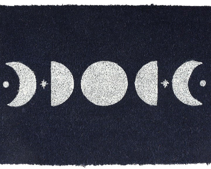 Dark blue decorative door mat with a simplified phases-of-the-moon design.