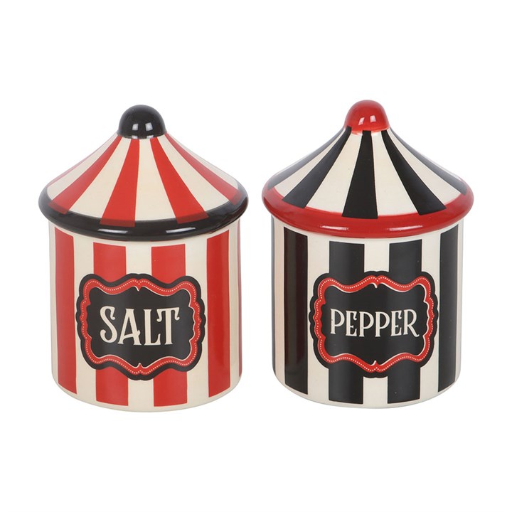 Two circus tent-shaped salt and pepper shaker set in a vintage style.