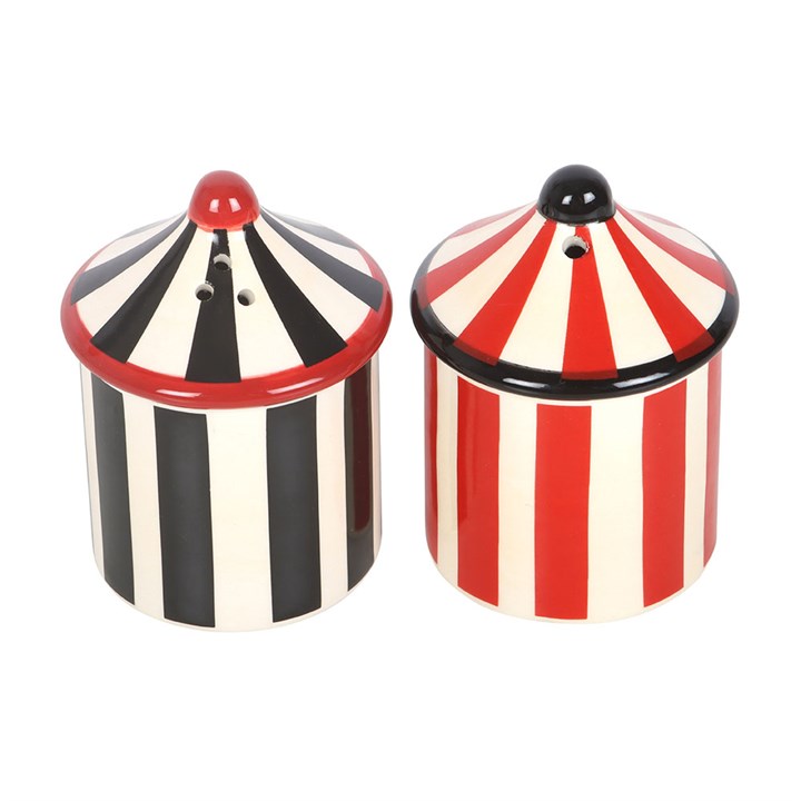 Two circus tent-shaped salt and pepper shaker set in a vintage style - reverse view.