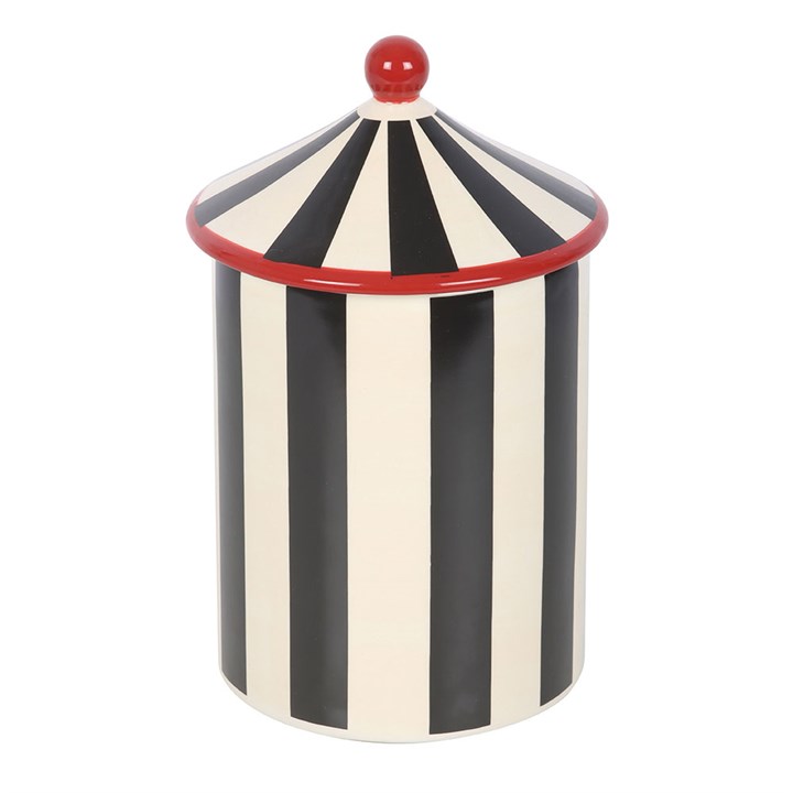 Black and white striped circus tent shaped storage jar.