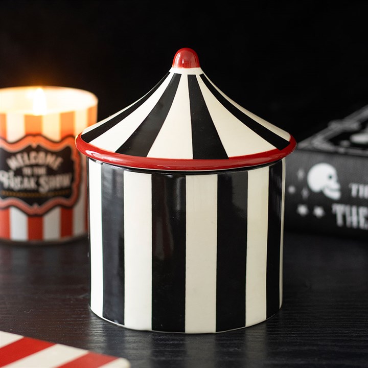 Monochrome striped circus tent ceramic wax melter and oil burner.