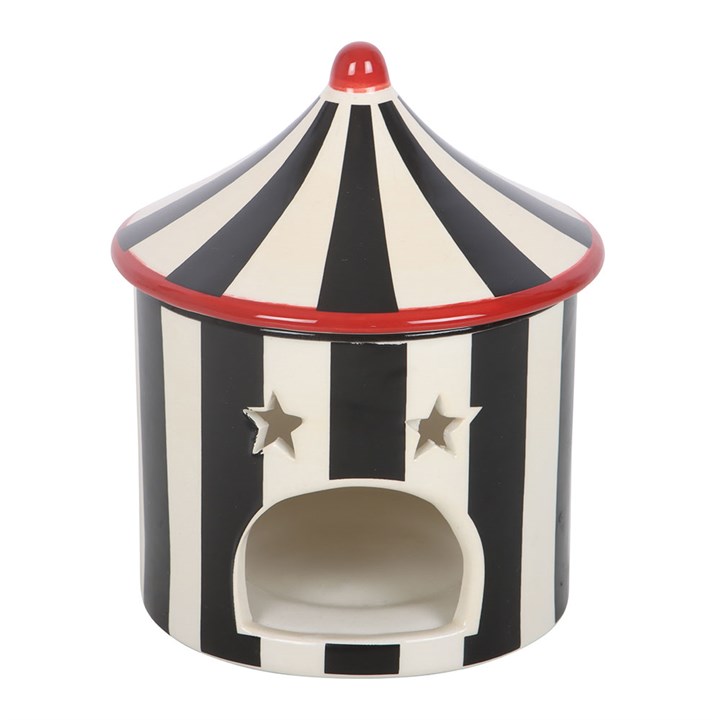 Monochrome striped circus tent ceramic wax melter and oil burner.
