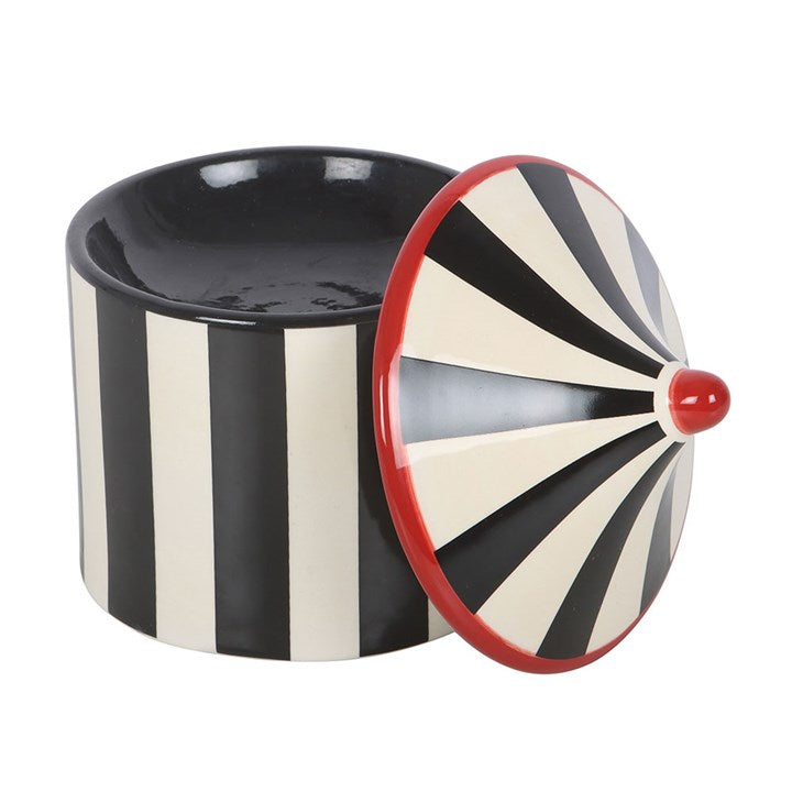 Monochrome striped circus tent ceramic wax melter and oil burner.