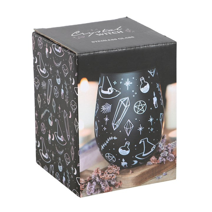 Black stemless wine glass decorated with a crystal, potion, witches hat motif. Presented in themed box. 