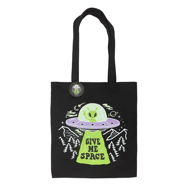 Black tote bag with adorable extraterrestrial and ufo design. 