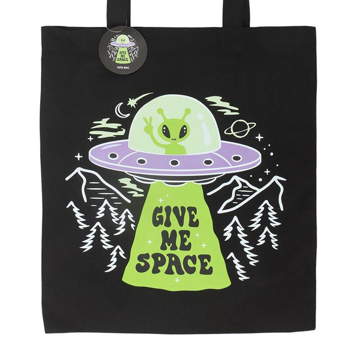 Black tote bag with adorable extraterrestrial and ufo design. 