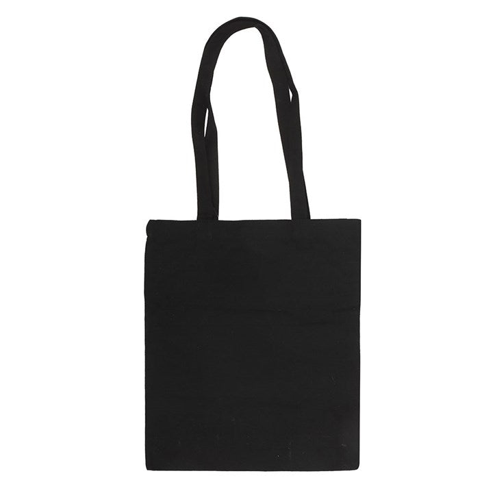 Black tote bag with adorable extraterrestrial and ufo design. Reverse view.