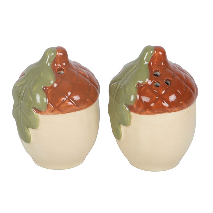 Ceramic acorn-shaped salt & pepper shaker set. 