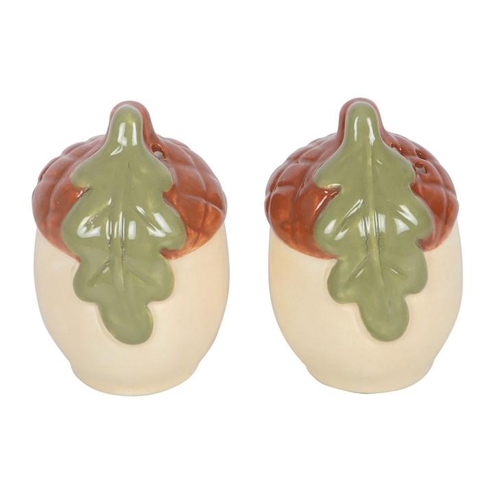 Ceramic acorn-shaped salt & pepper shaker set. 