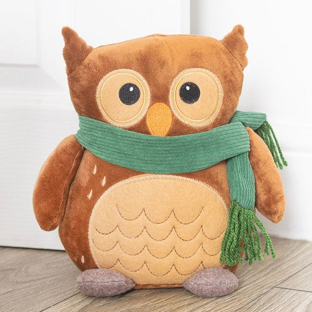 Woodland-themed weighted doorstop, shaped like an adorable owl draped in a green scarf. 
