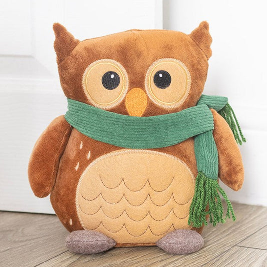 Woodland-themed weighted doorstop, shaped like an adorable owl draped in a green scarf. 