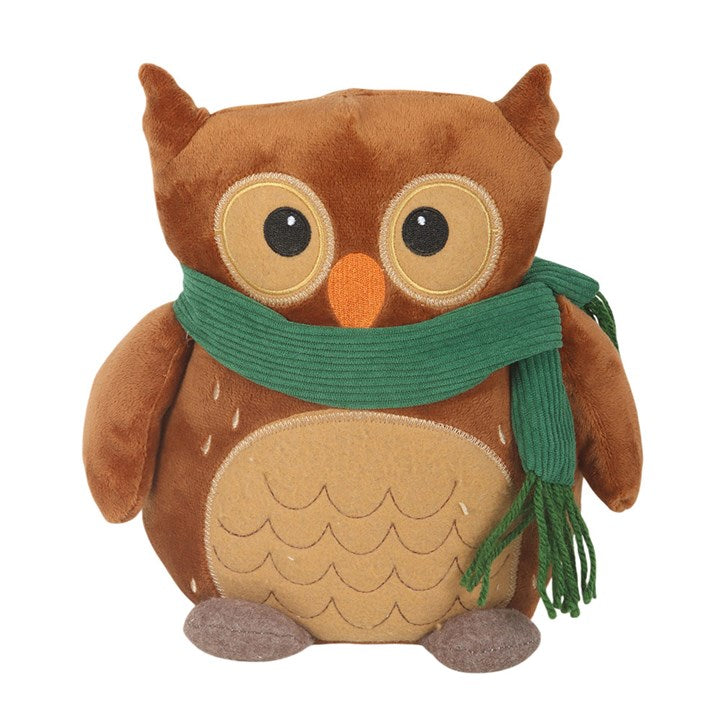 Woodland-themed weighted doorstop, shaped like an adorable owl draped in a green scarf. 