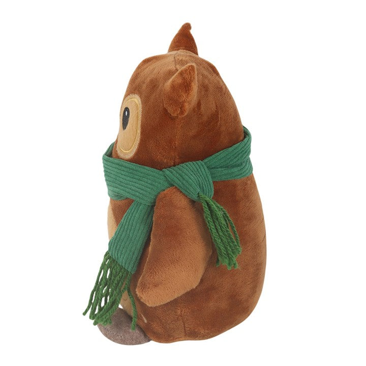 Woodland-themed weighted doorstop, shaped like an adorable owl draped in a green scarf. Side view.