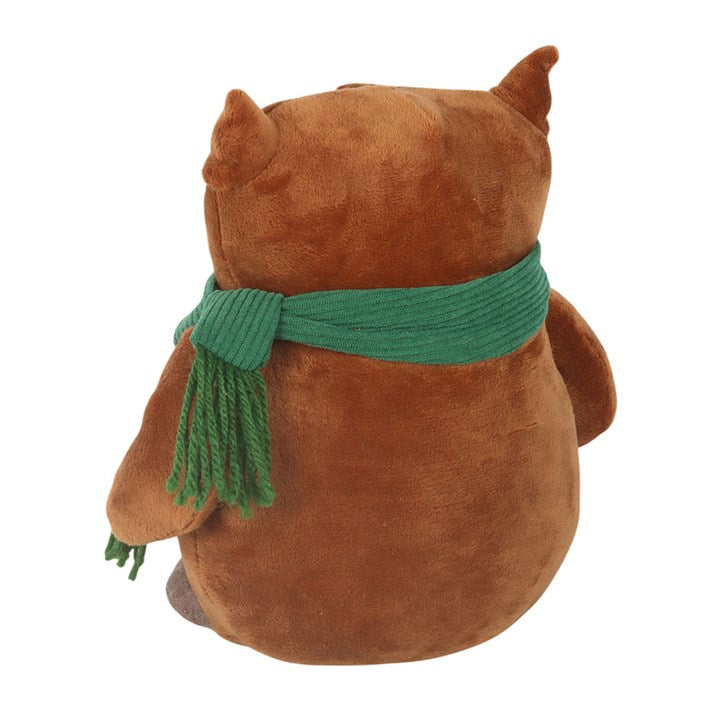 Woodland-themed weighted doorstop, shaped like an adorable owl draped in a green scarf. Reverse view.