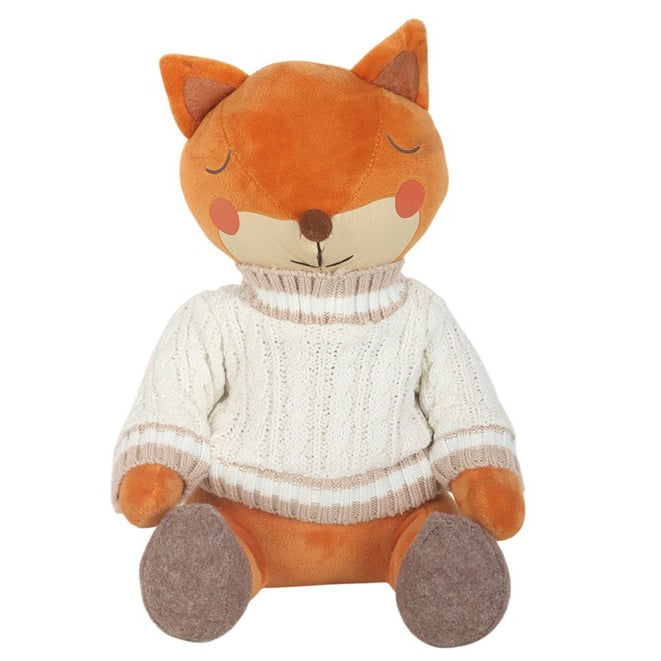 Charming woodland-themed doorstop, shaped like a cheerful fox wearing a white knitted jumper. 