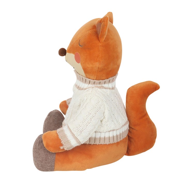 Charming woodland-themed doorstop, shaped like a cheerful fox wearing a white knitted jumper. Side view.