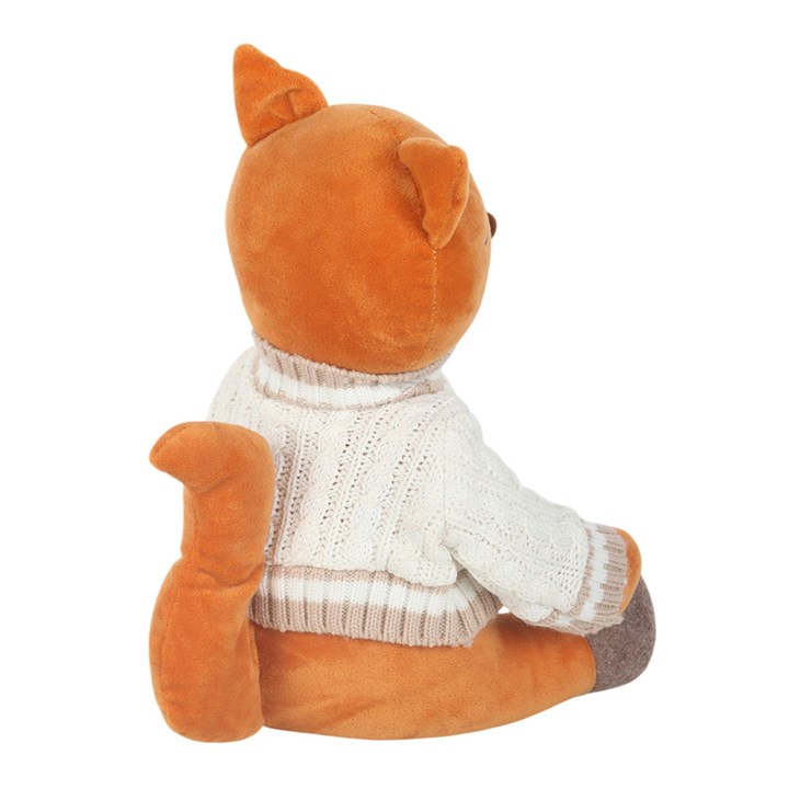 Charming woodland-themed doorstop, shaped like a cheerful fox wearing a white knitted jumper. Reverse view.