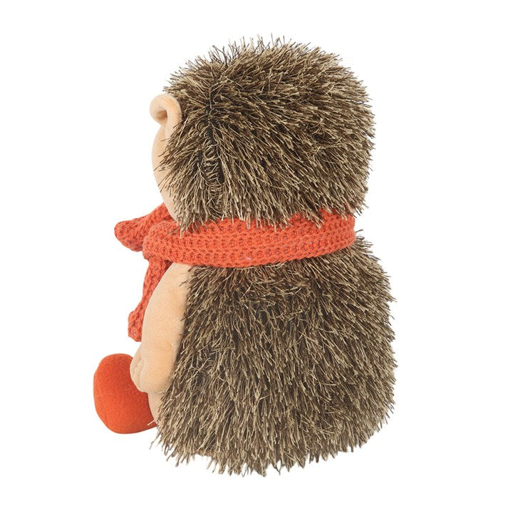 Woodland-themed weighted doorstop, shaped like a hedgehog with knitted orange scarf. Reverse view. 