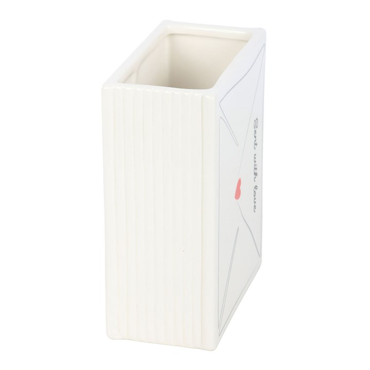Ceramic flower vase shaped like a love note, complete with heart stamp and 'Sent With Love' text.