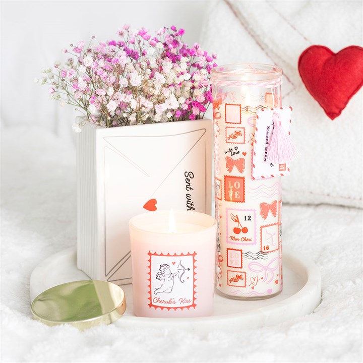 Ceramic flower vase shaped like a love note, complete with heart stamp and 'Sent With Love' text.