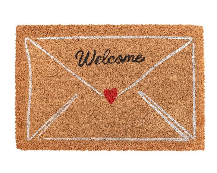 Decorative natural doormat with charming love-letter envelope design and 'Welcome' text. 