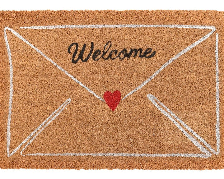 Decorative natural doormat with charming love-letter envelope design and 'Welcome' text. 