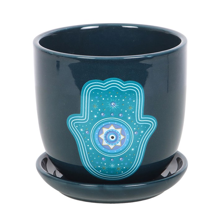 Dark blue ceramic plant pot with matching sauce and detailed Hand of Hamsa design.