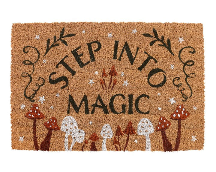 Decorative natural doormat with charming toadstool design and 'Step Into Magic' text.